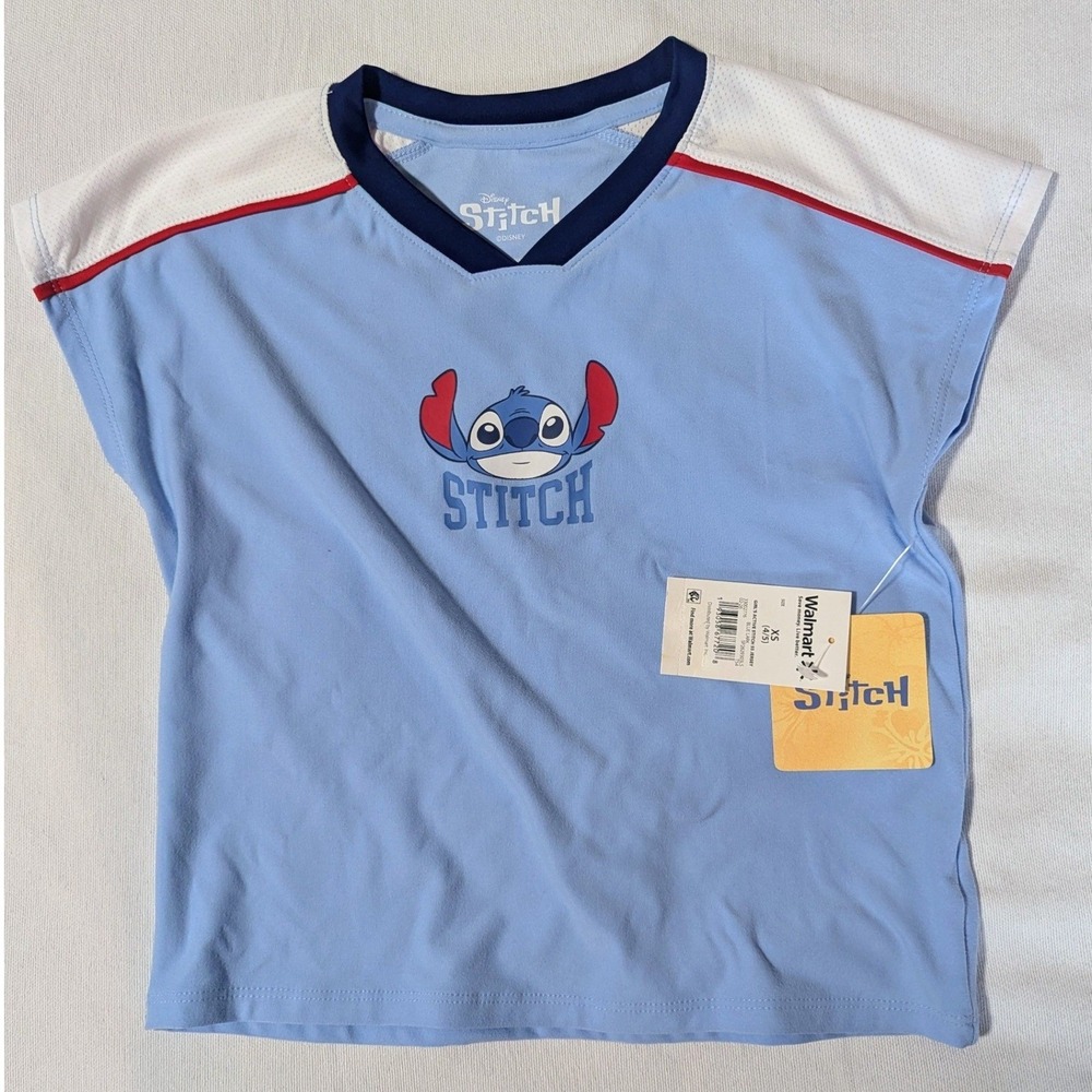 Disney Stitch Girls Athletic Jersey Shirt Light Blue Mesh Shoulder XS 4/5 NWT